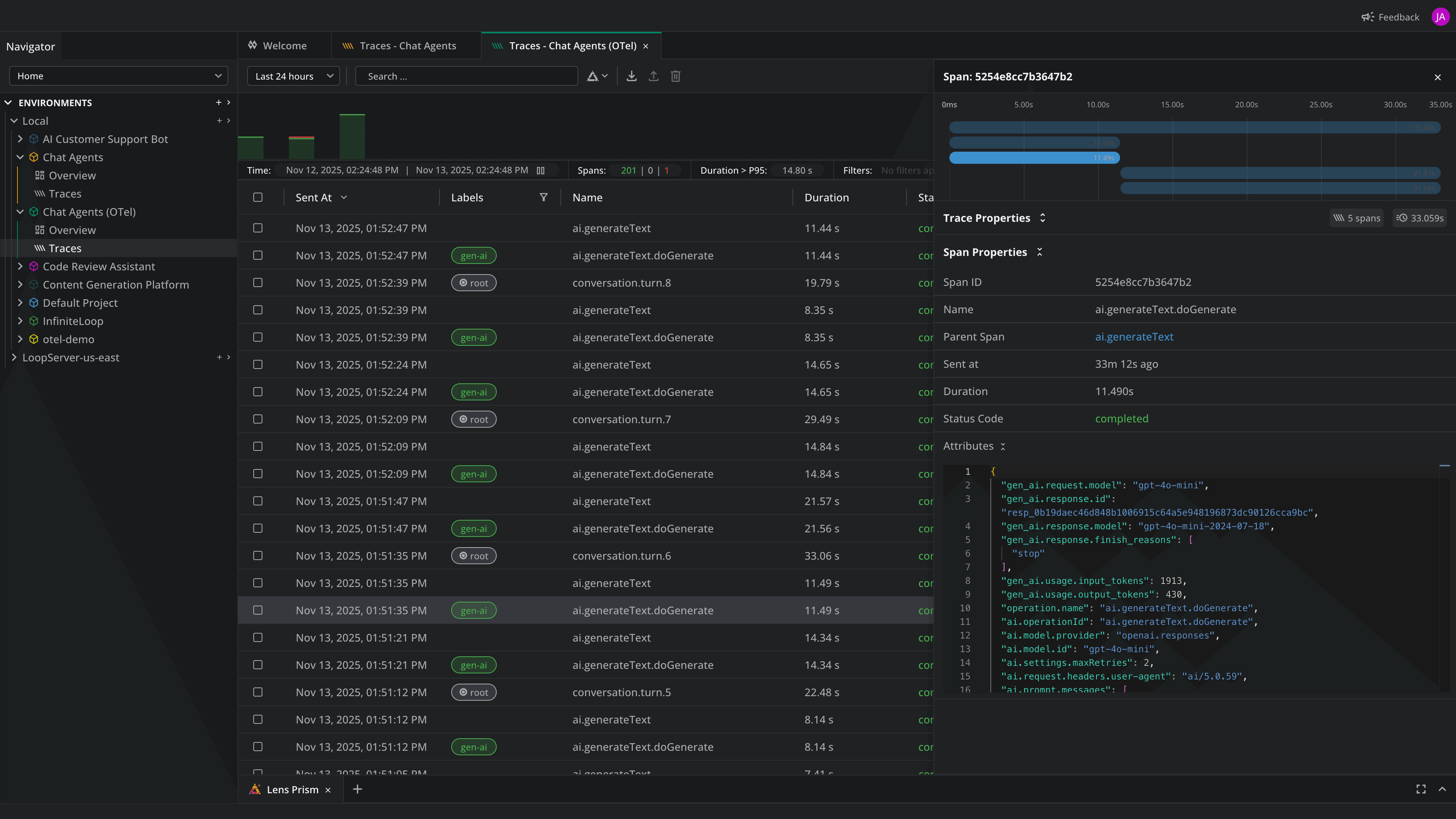 Screenshot of Lens Loop showing traces, spans and details.
