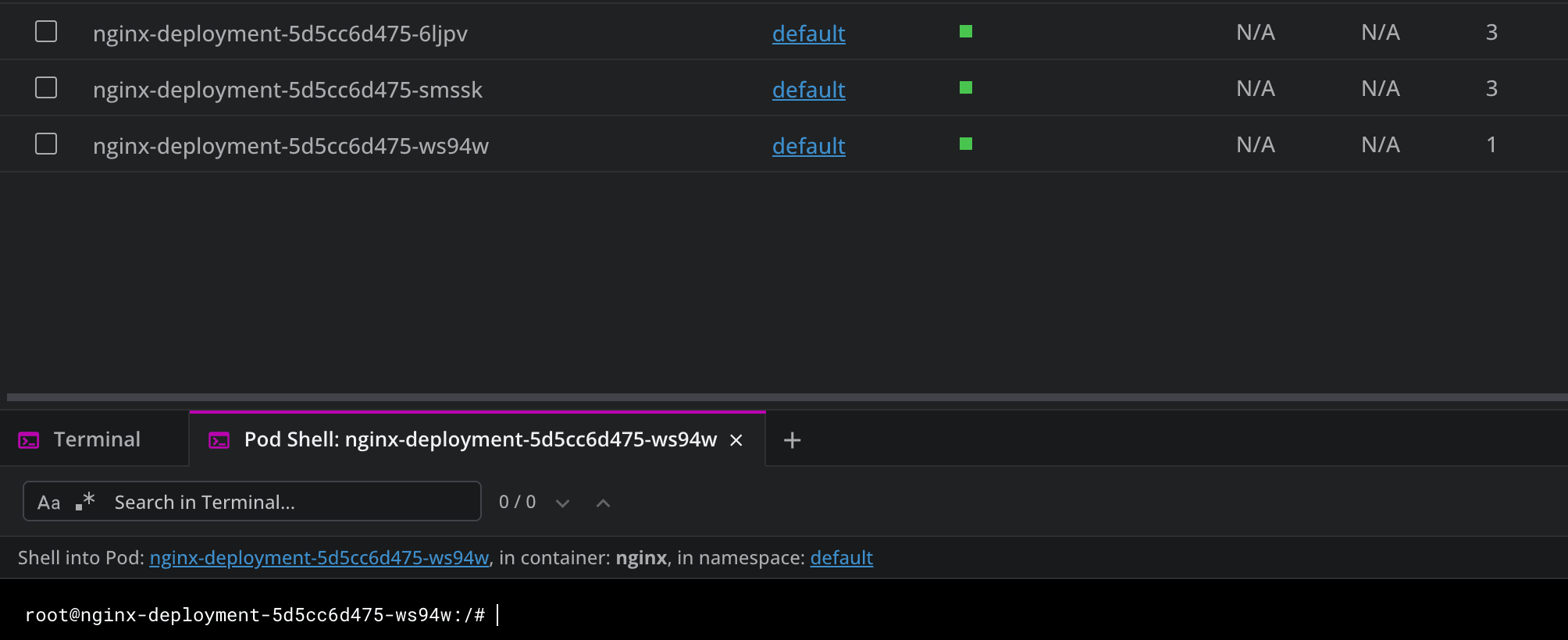 Connecting to the pod shell