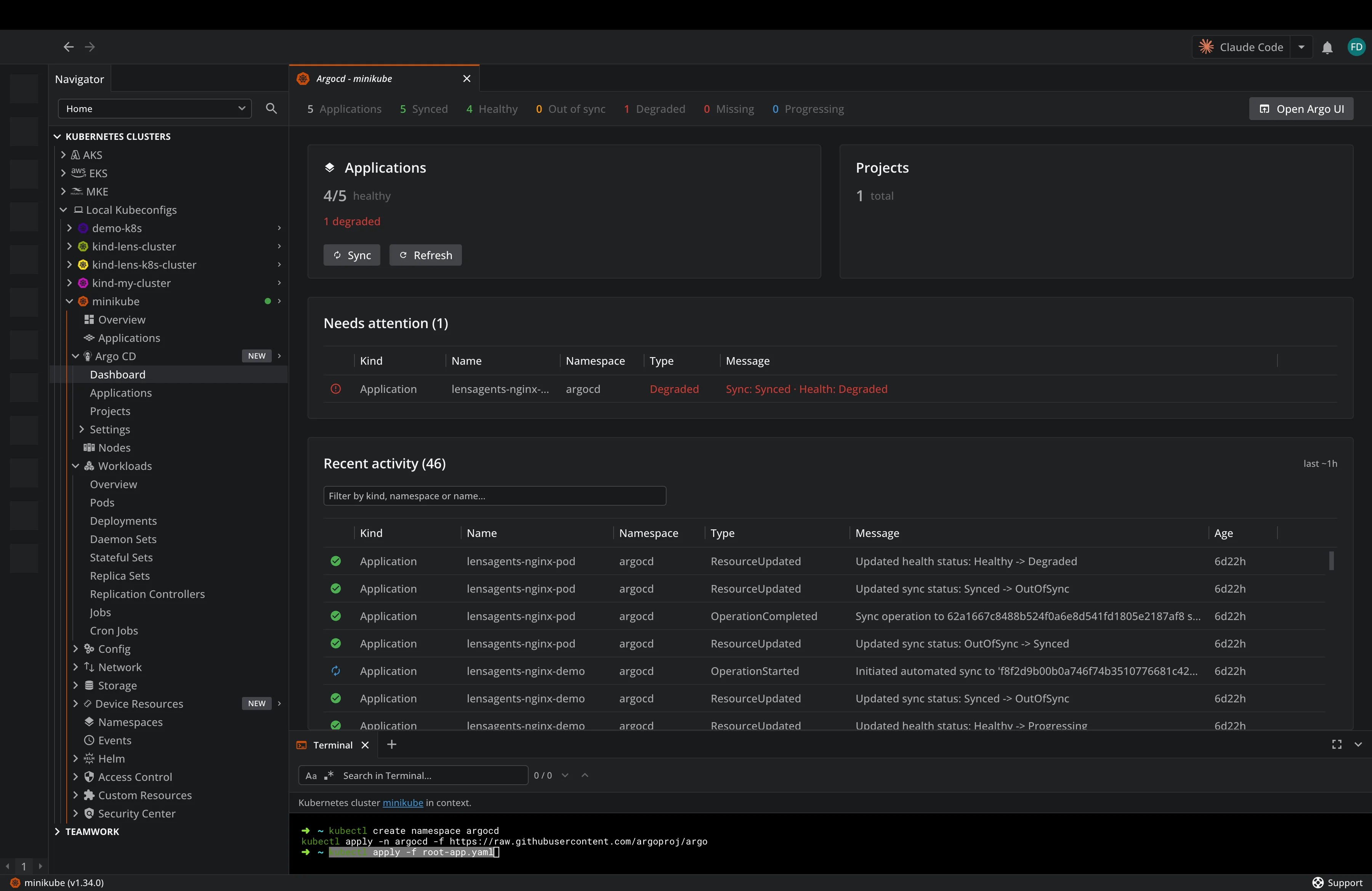 The Argo CD dashboard in Lens Kubernetes IDE showing one degraded application in the Needs attention panel