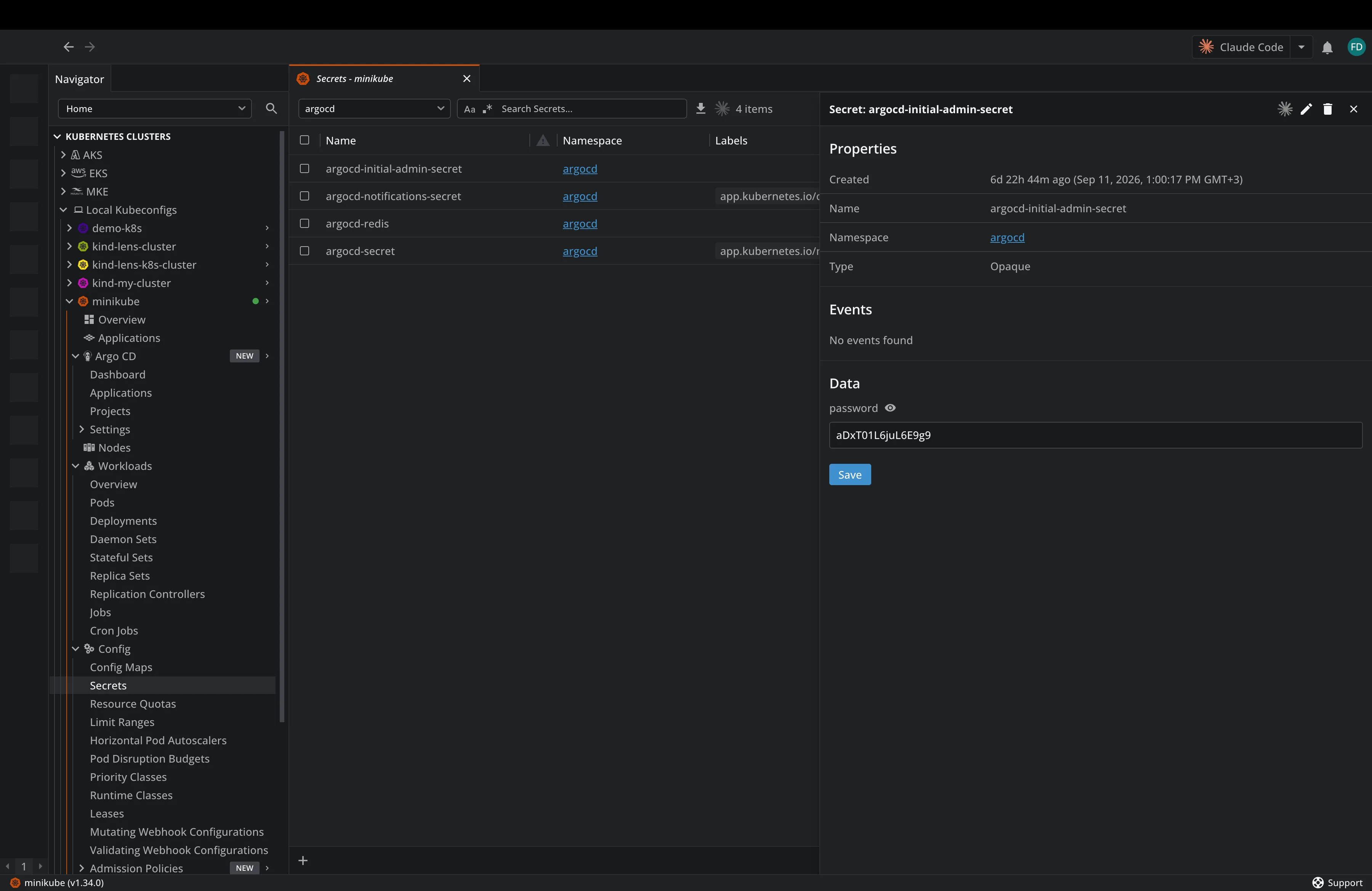 The argocd-initial-admin-secret opened in Lens Kubernetes IDE with the decoded admin password