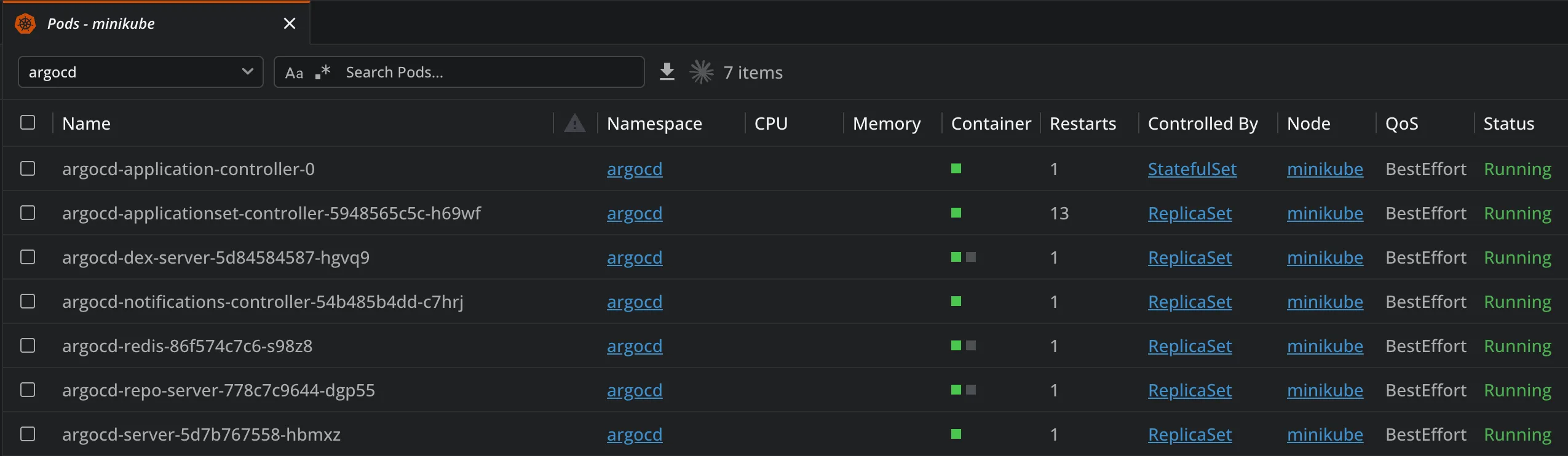 Argo CD pods running in the argocd namespace in Lens Kubernetes IDE