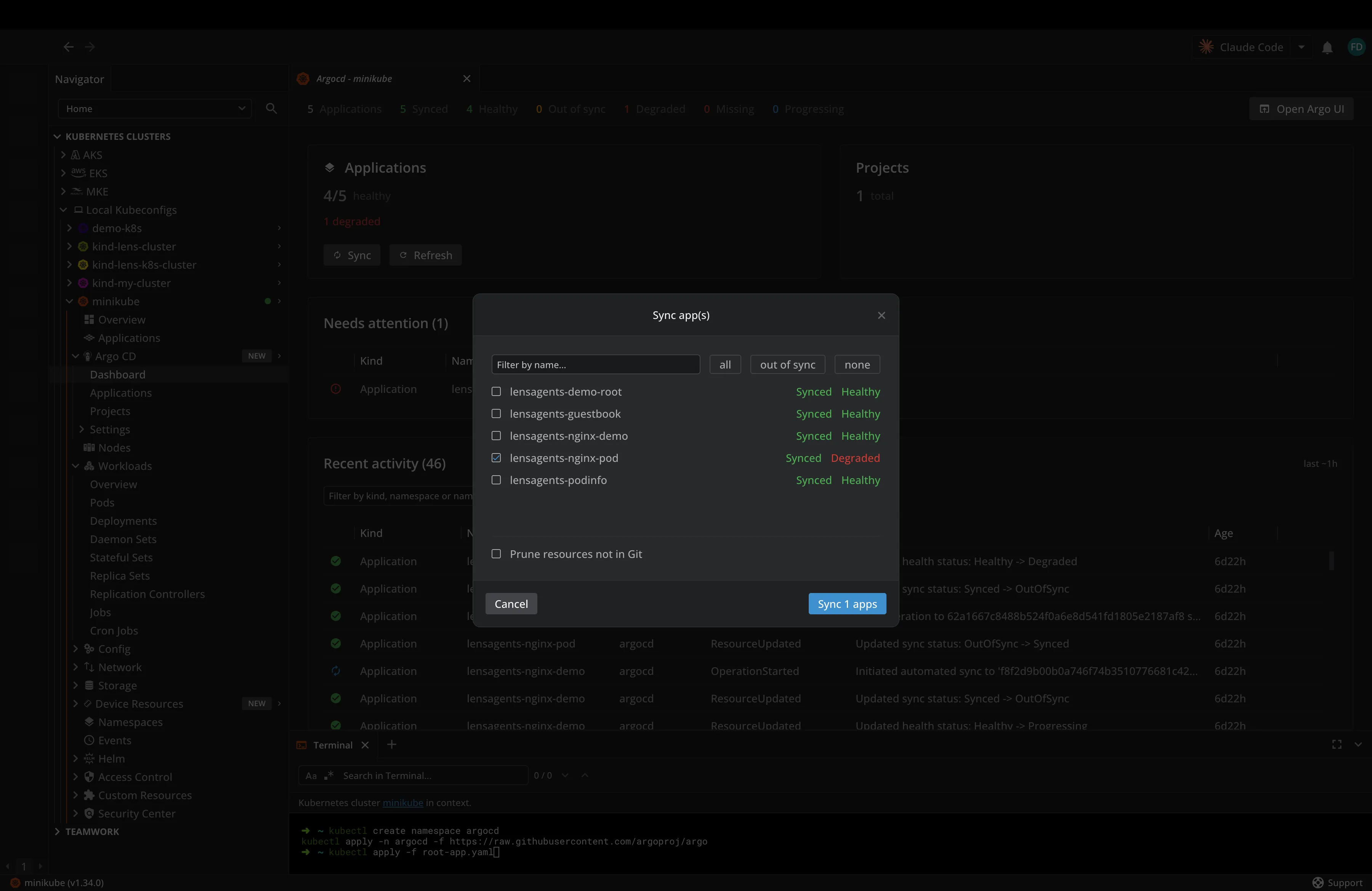 The Sync apps dialog in Lens Kubernetes IDE with the degraded application selected