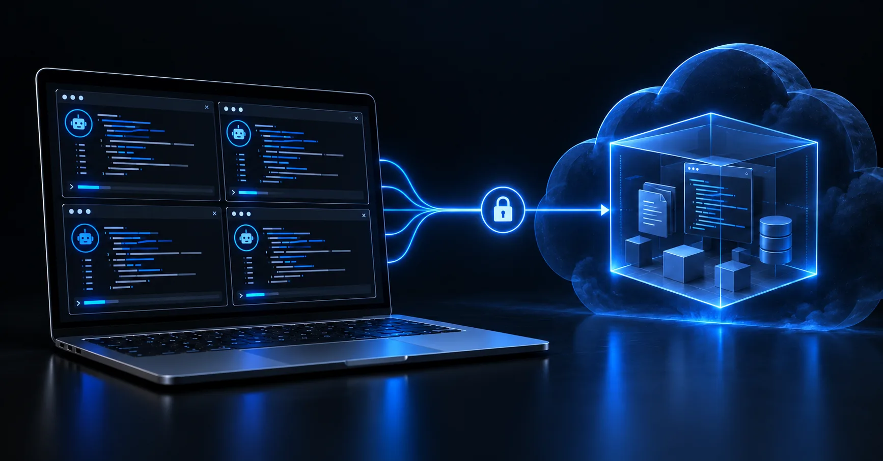 A laptop with four coding agent panes, connected through a padlock to a sandbox cube in a cloud