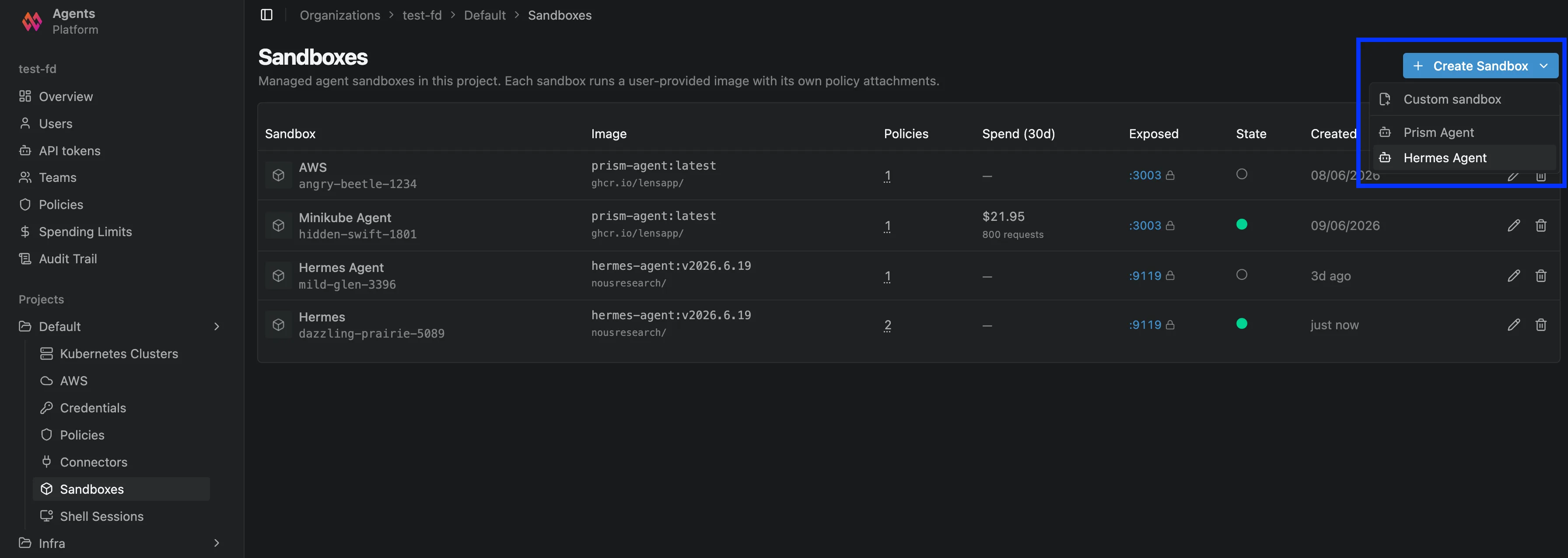Creating a Hermes Agent sandbox from the Create Sandbox menu in Lens Agents