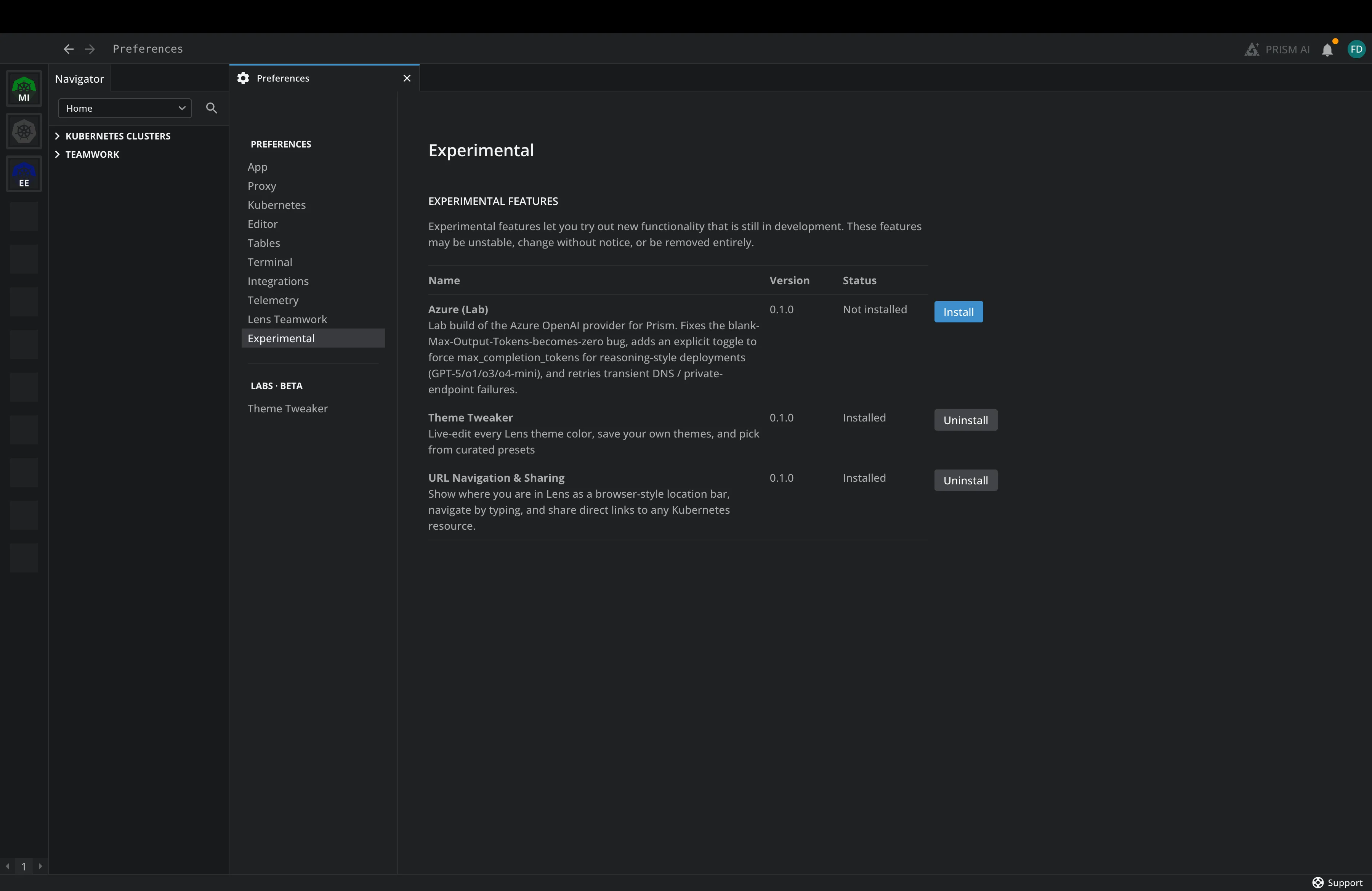 Lens Experimental Features preferences pane