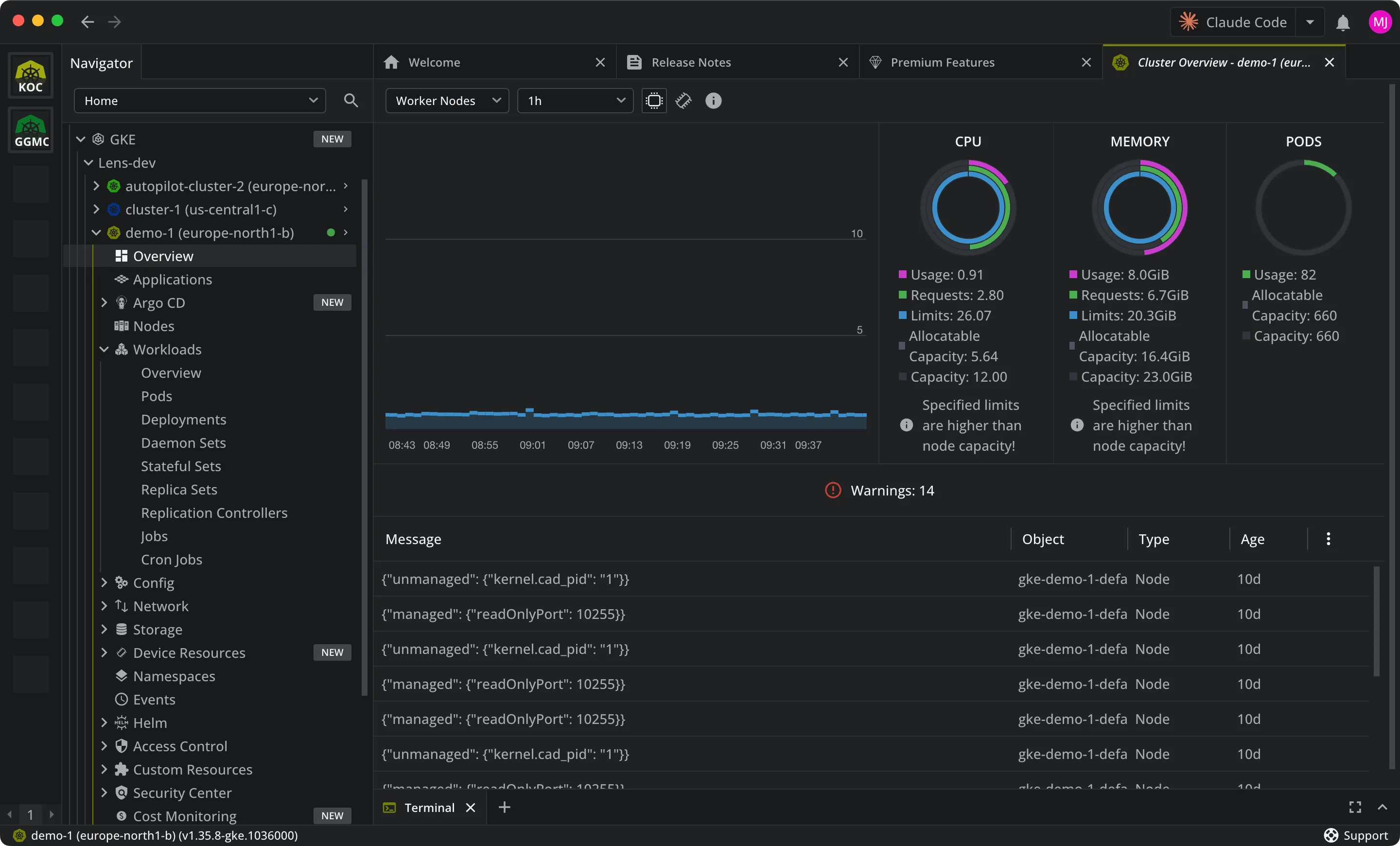 The Lens K8S IDE window showing the Cluster Overview of the GKE cluster demo-1 in europe-north1-b, with CPU, memory, and pod usage and a table of the cluster's warnings