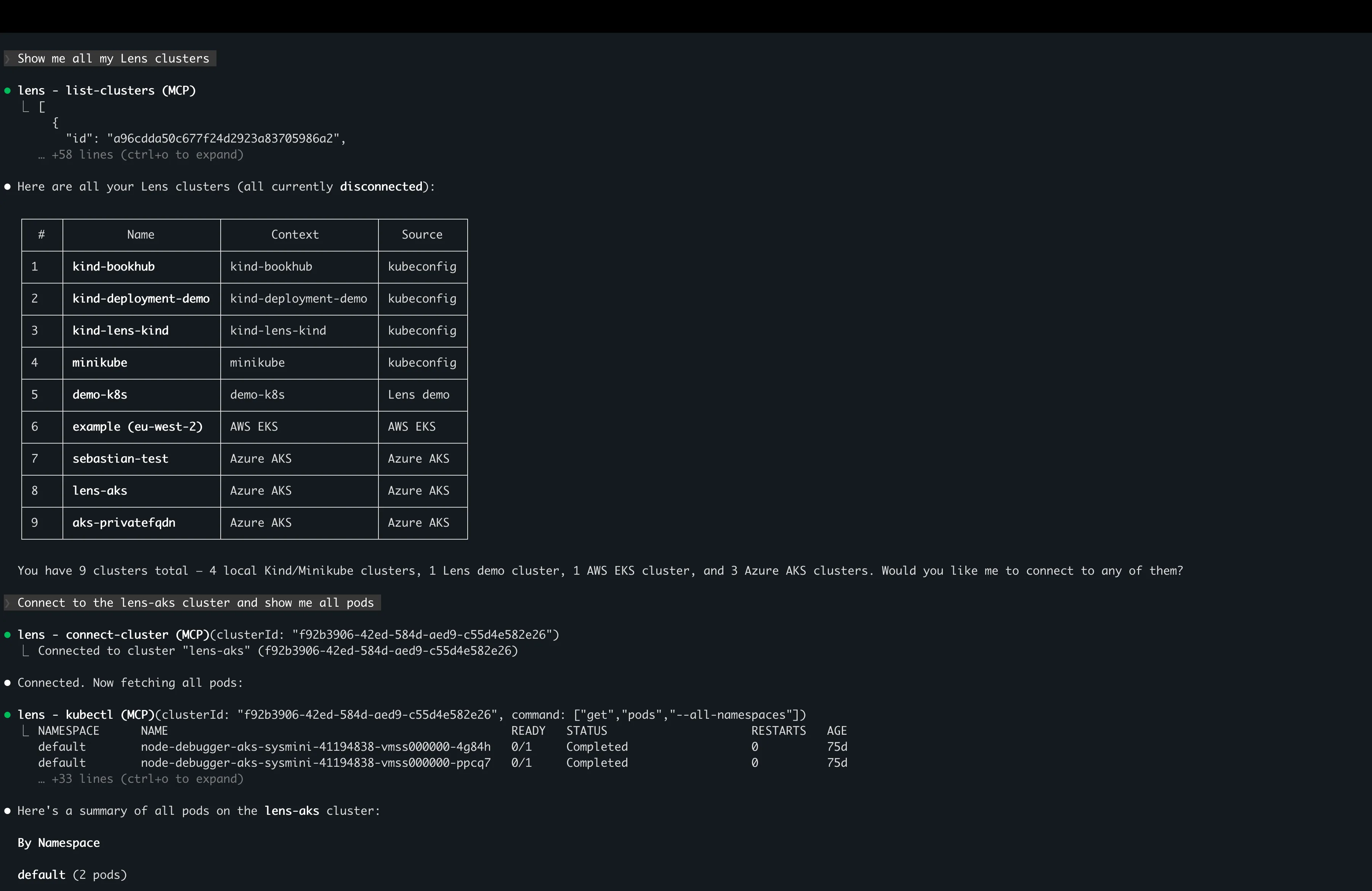 List clusters using the Lens MCP Server