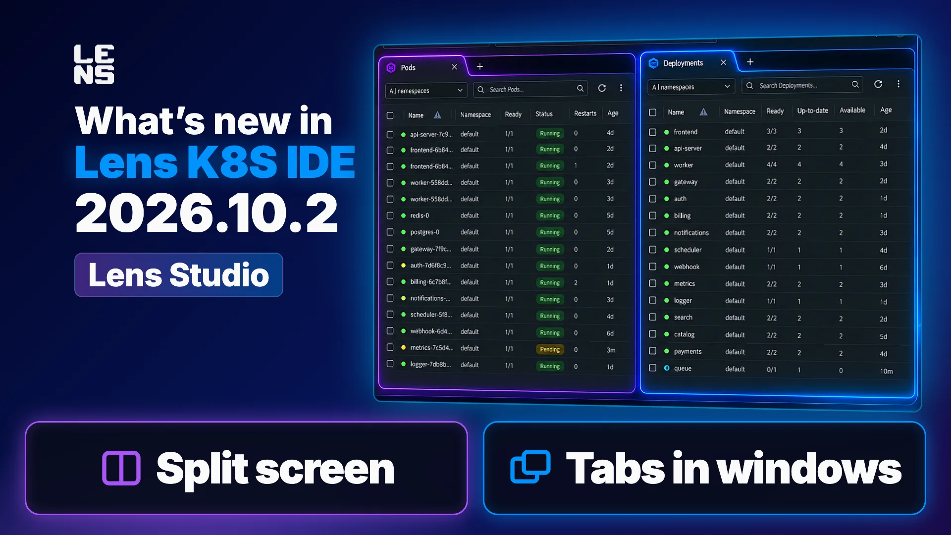 What's new in Lens K8S IDE 2026.10.2: Lens Studio, with split screen and tabs in windows, over the Lens view split into a Pods tab and a Deployments tab