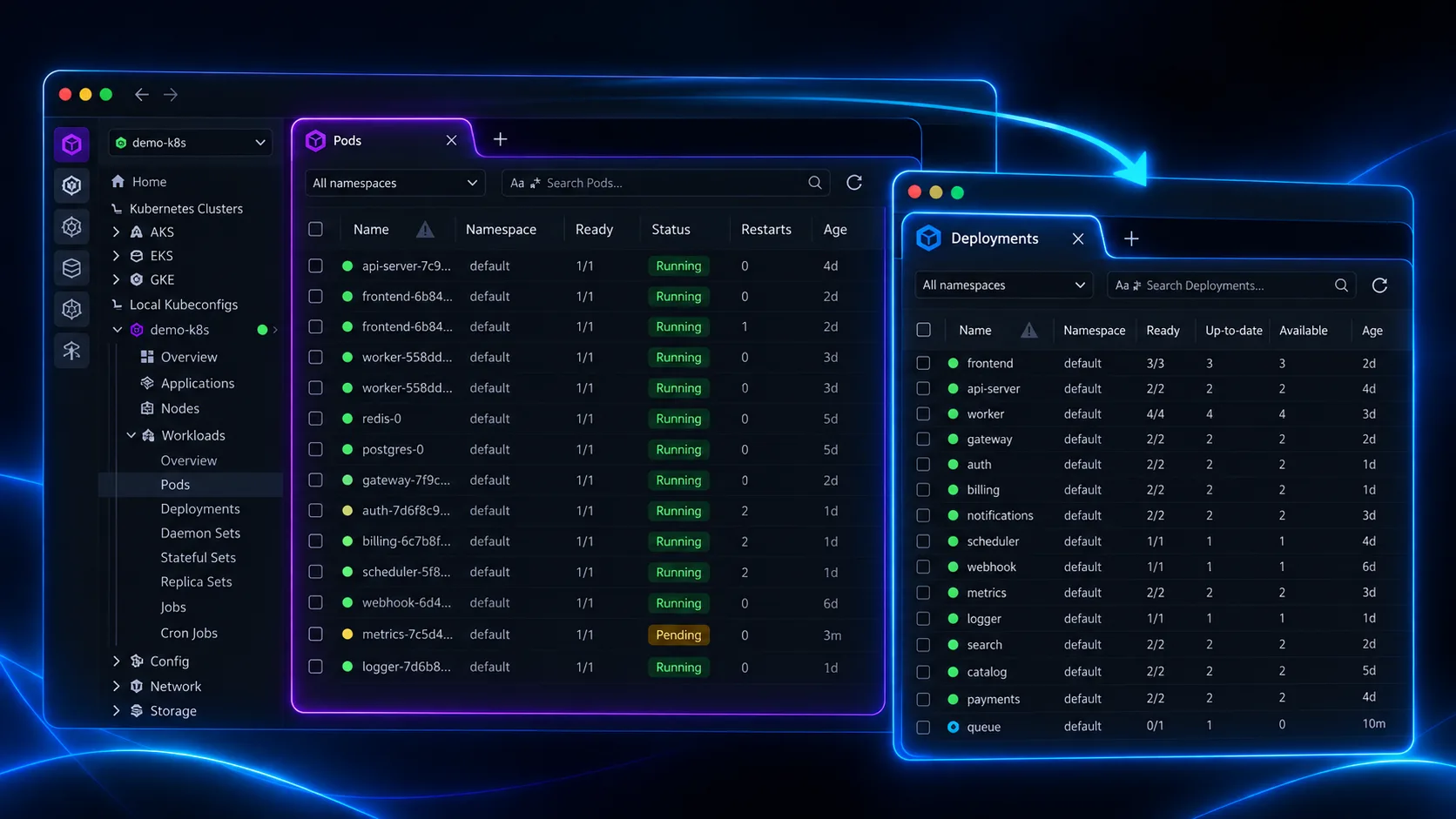 A Deployments tab moving out of the Lens window into a window of its own, next to the Pods list