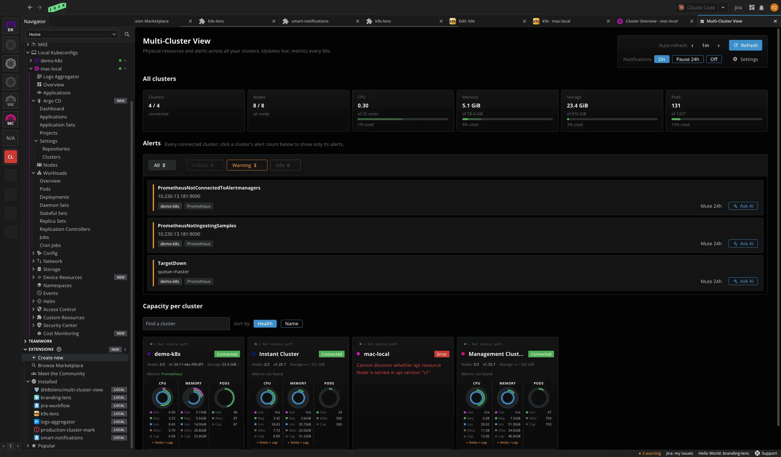 Lens K8S IDE with several extensions at work: the Multi-Cluster View tab showing capacity and alerts of four clusters with Ask AI buttons, Logs Aggregator, Multi-Cluster View, and Smart Notifications items in the navigator, a company logo in the top bar, and Jira and branding-lens items in the status bar