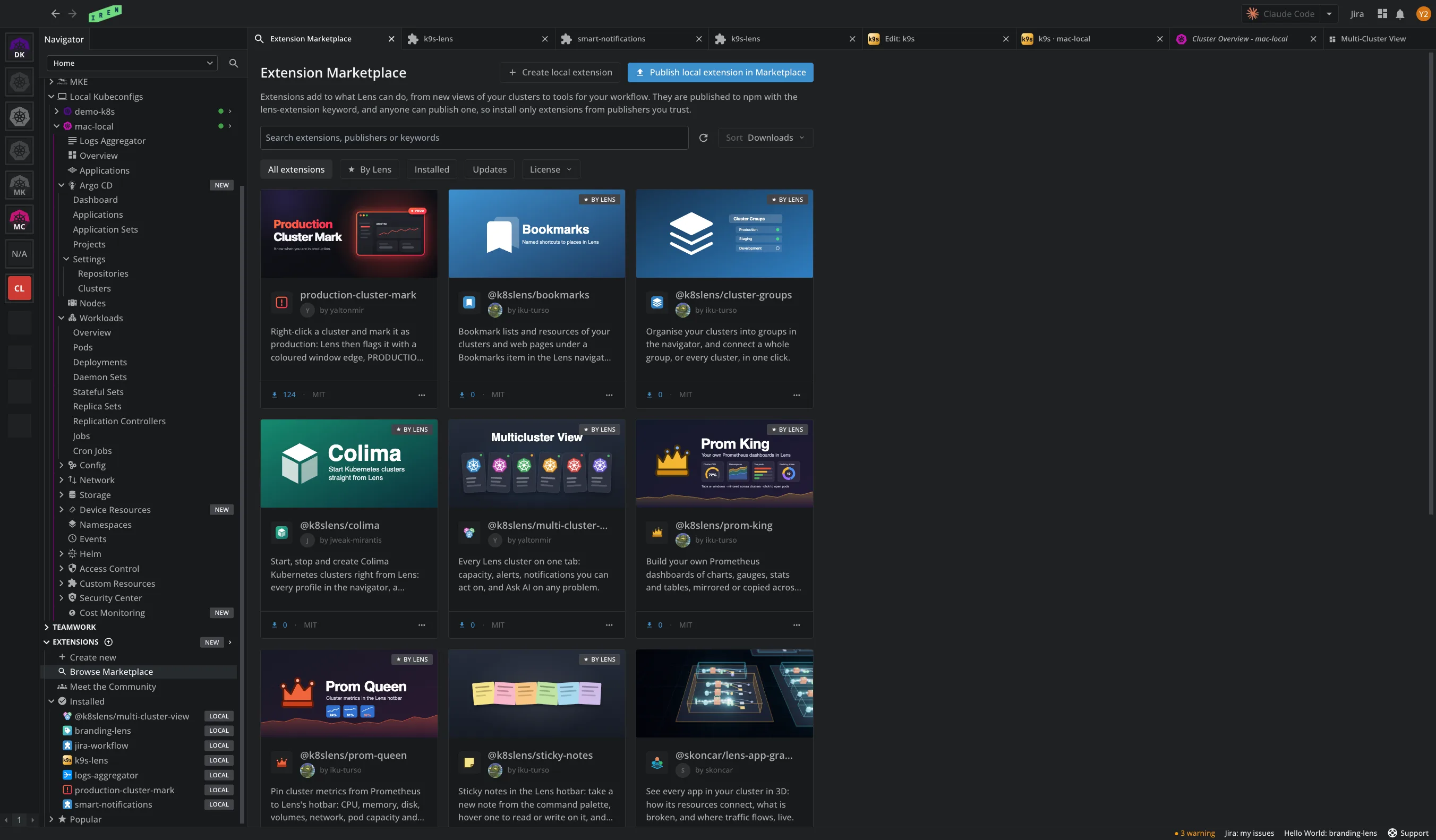 The navigator with the Extensions section expanded: Create new, Browse Marketplace, Meet the Community, and Installed listing seven extensions, while the Extension Marketplace is open next to it