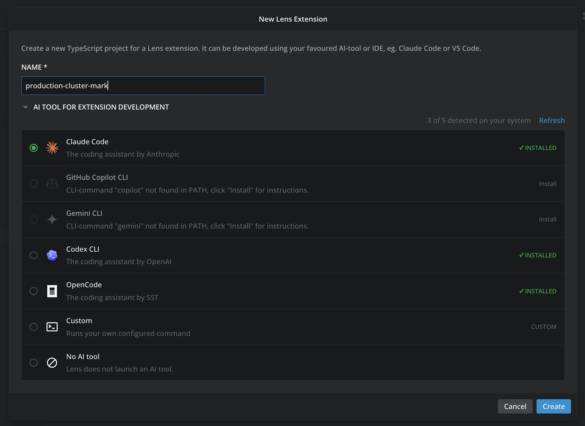 The New Lens Extension dialog with the AI tool list open: Claude Code selected and installed, GitHub Copilot CLI, Gemini CLI, Codex CLI, OpenCode, Custom, and No AI tool, with Lens showing which tools it detected on the system