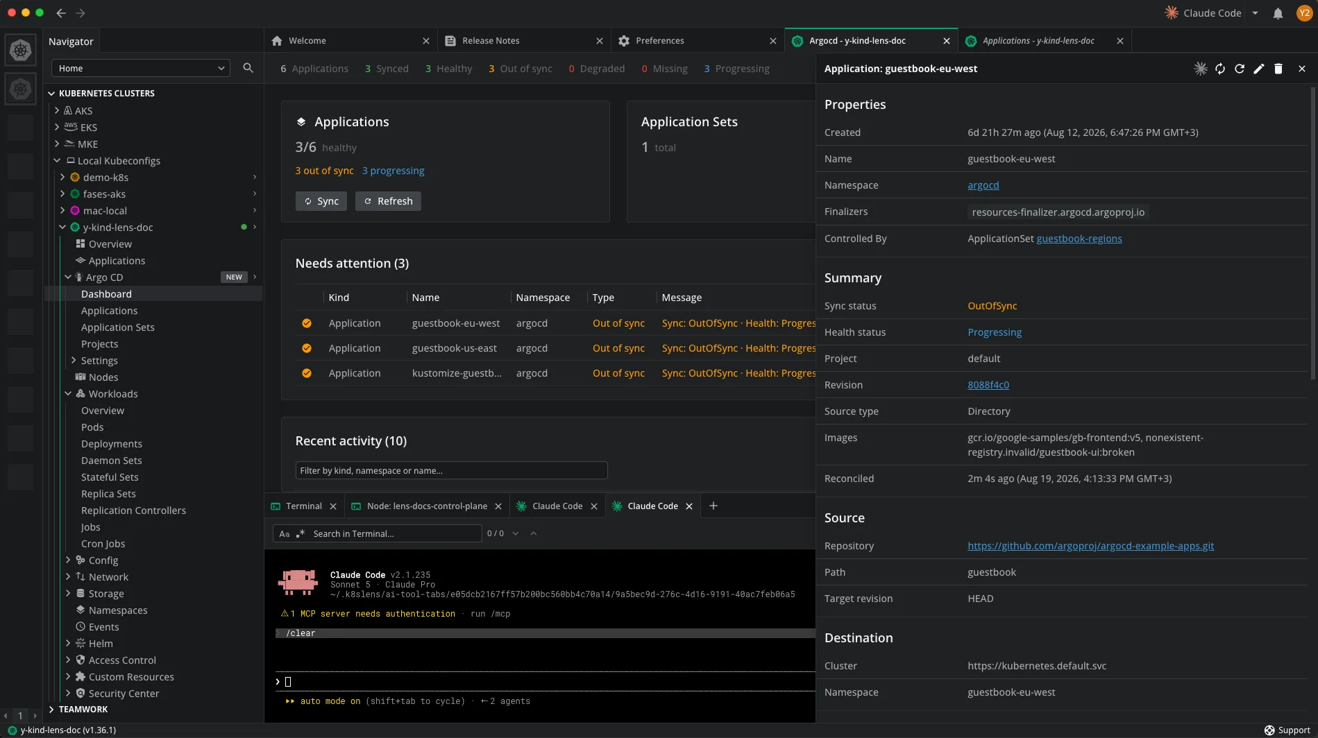 Argo CD application properties showing sync status, health status, and source details
