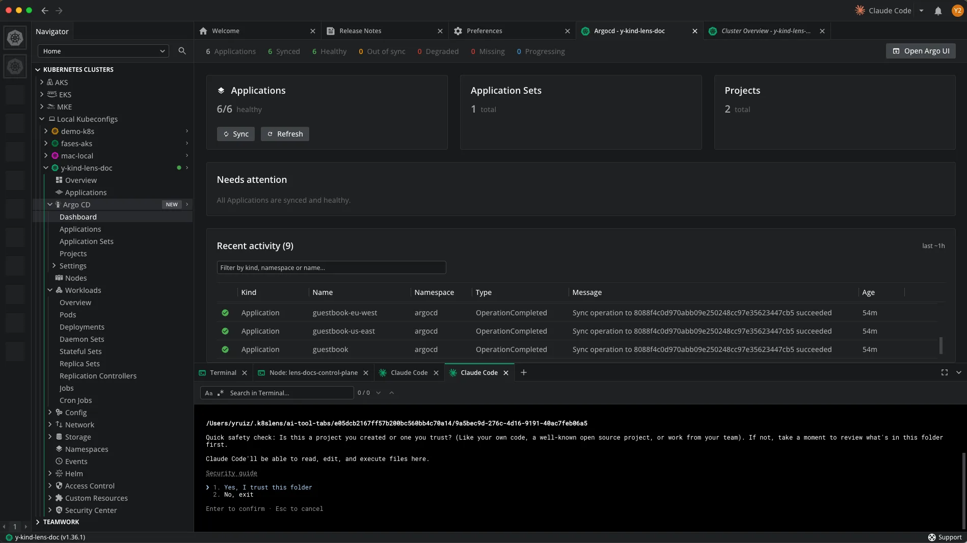 Argo CD dashboard in Lens showing application, application set, and project status