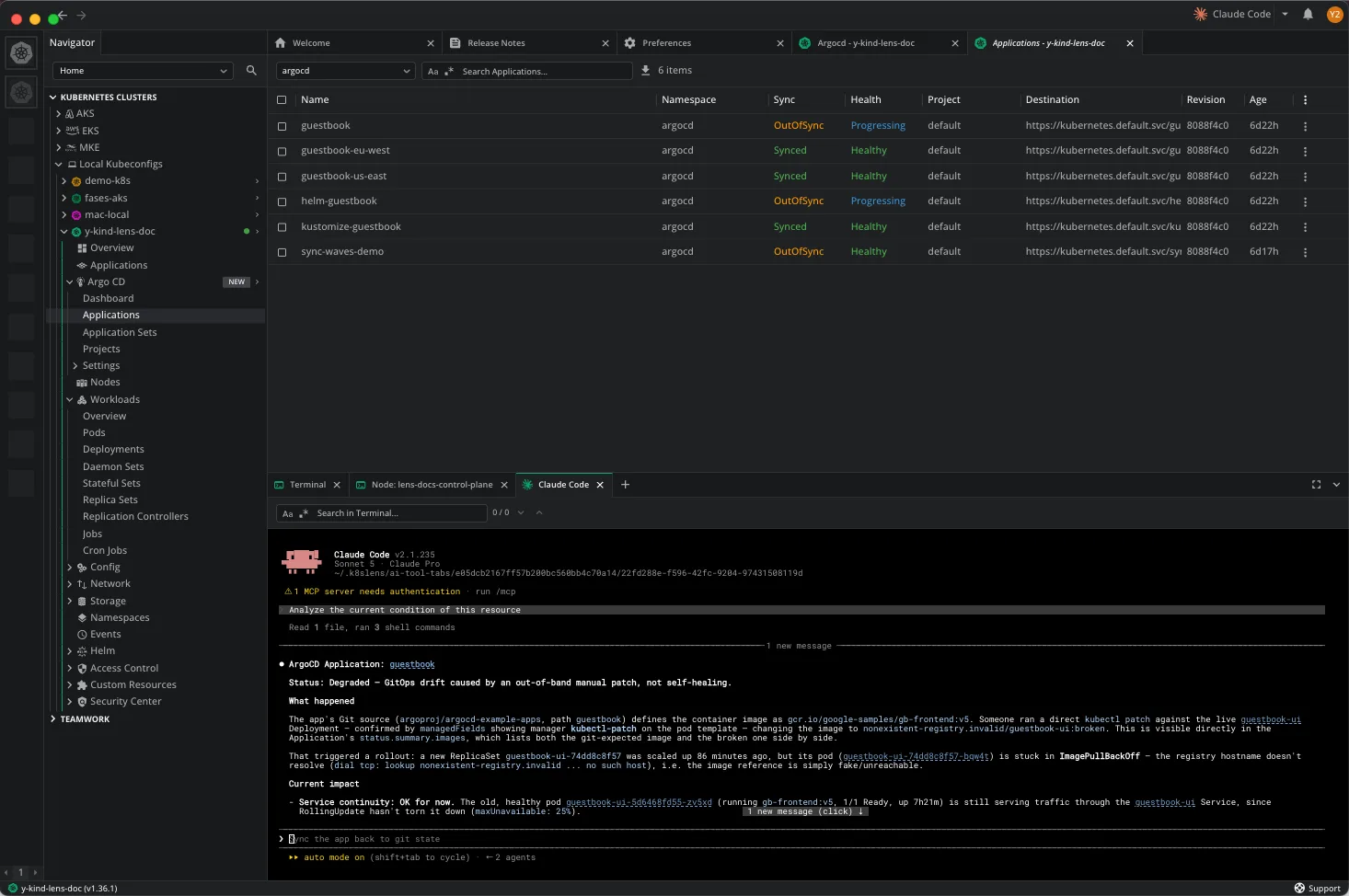Ask AI response from Claude Code summarizing an Argo CD application's condition