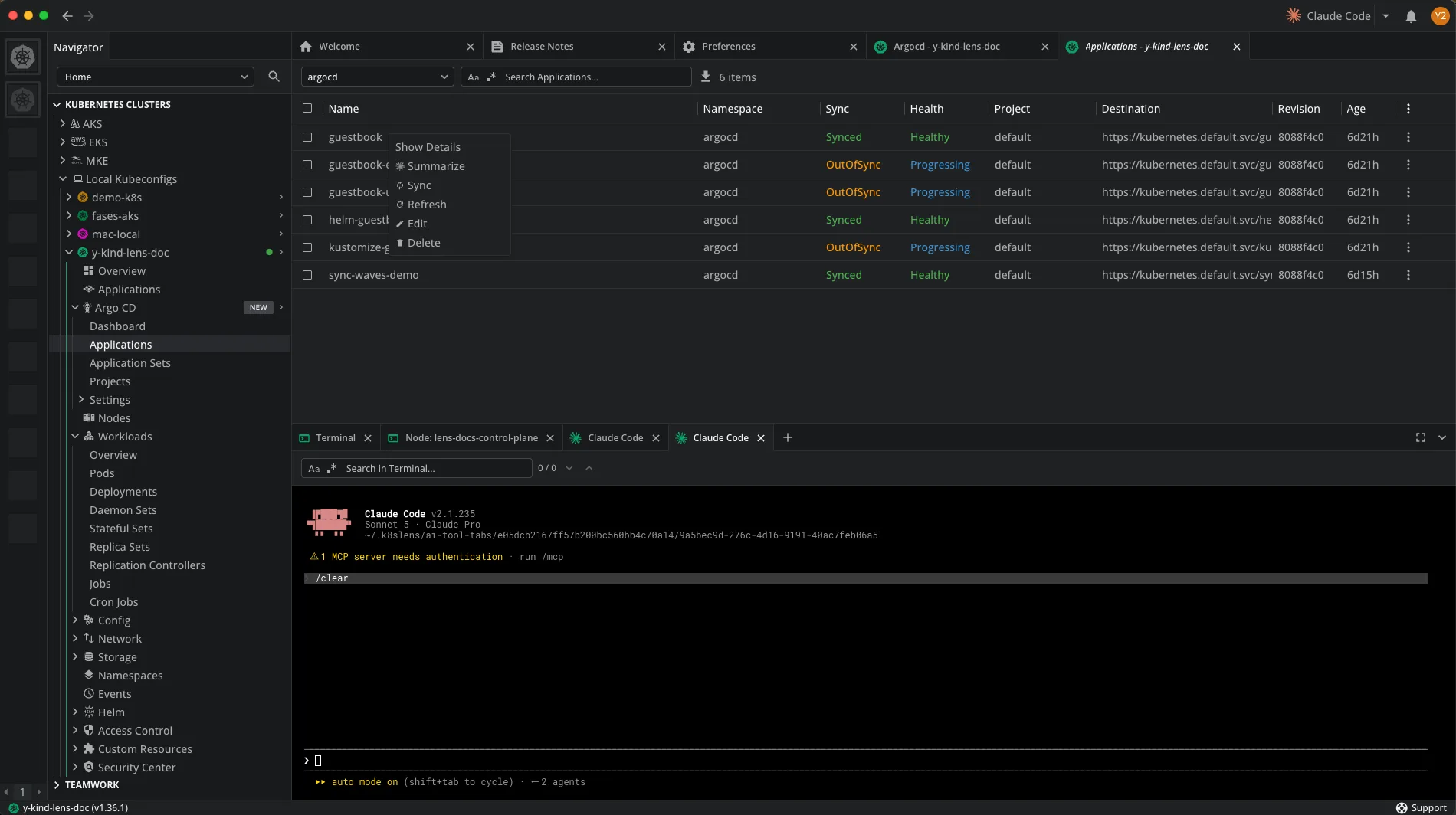 Right-click menu on an Argo CD application showing the Summarize Ask AI option