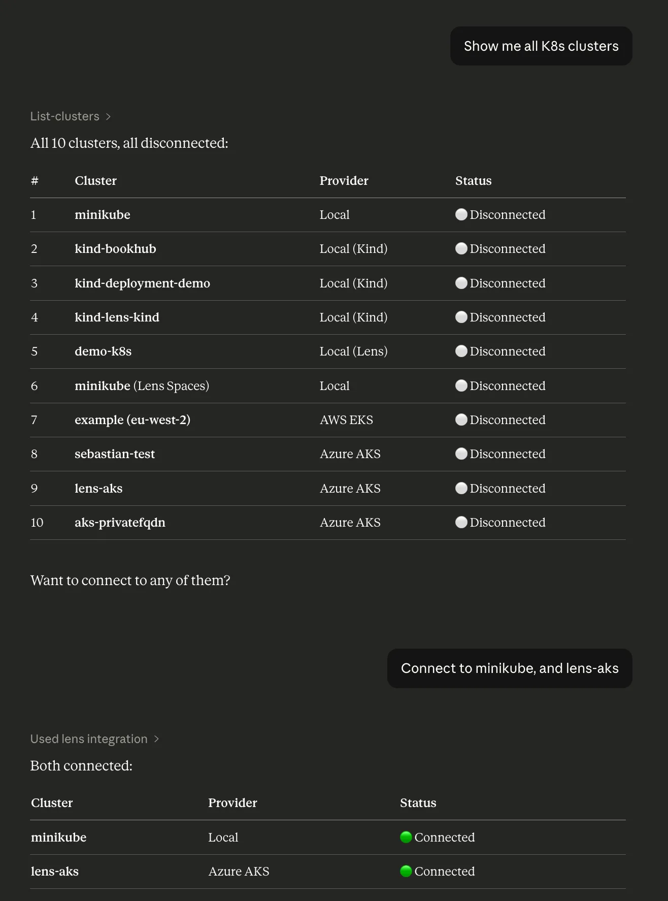 Claude connected to Lens MCP Server