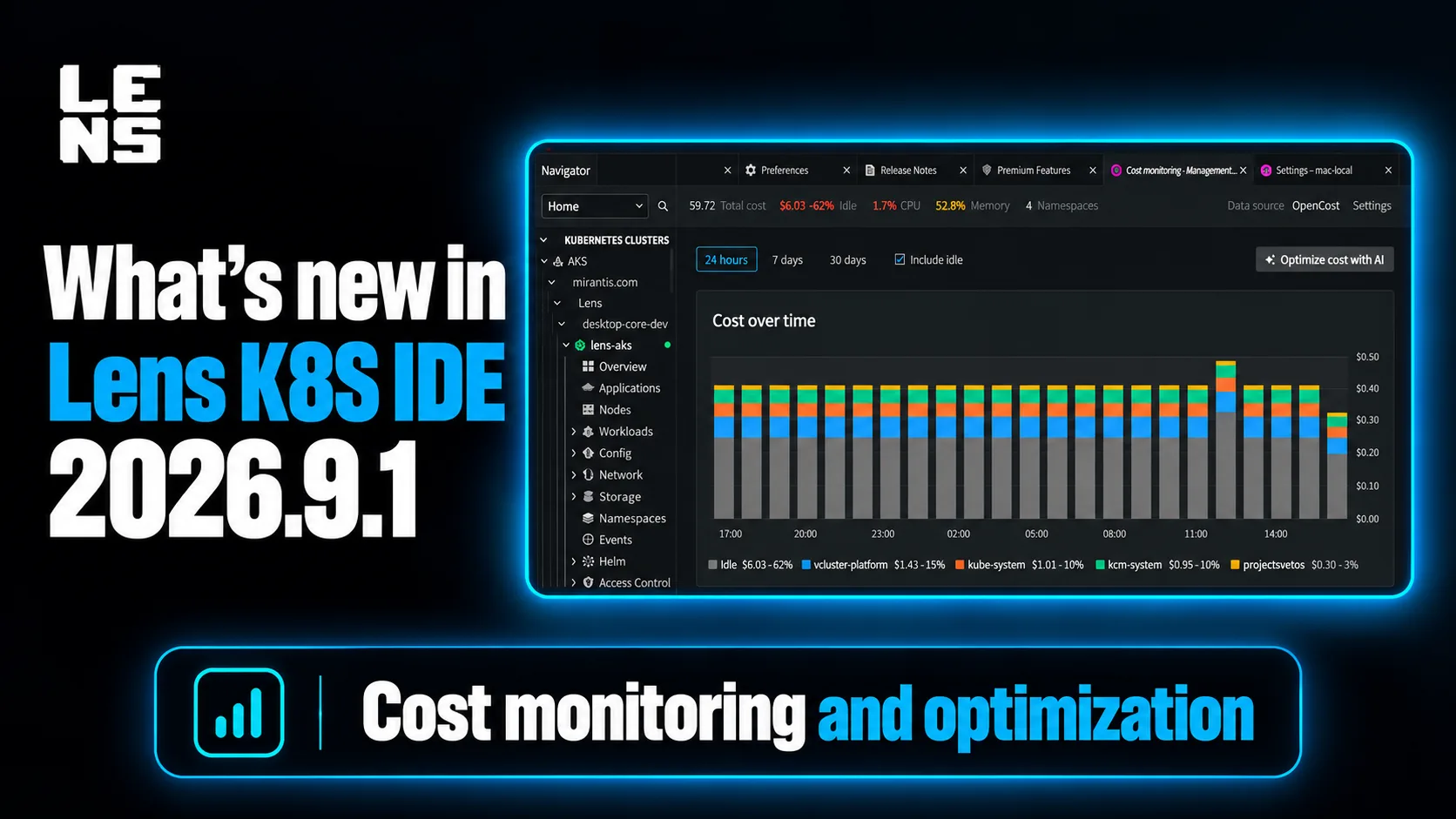 What's new in Lens K8S IDE 2026.9.1: the Cost Monitoring dashboard with cost over time, next to a Cost monitoring and optimization badge