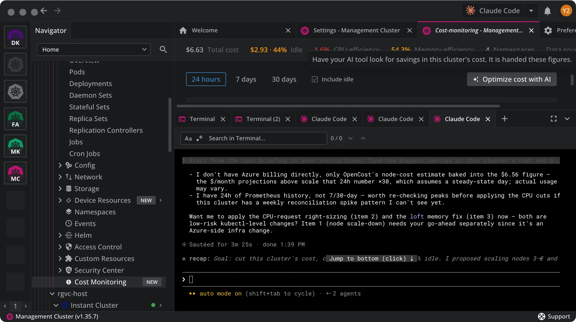 The Cost Monitoring dashboard with the Optimize cost with AI button and its tooltip, and the AI tool's reply open in the terminal below, listing ranked savings with their caveats