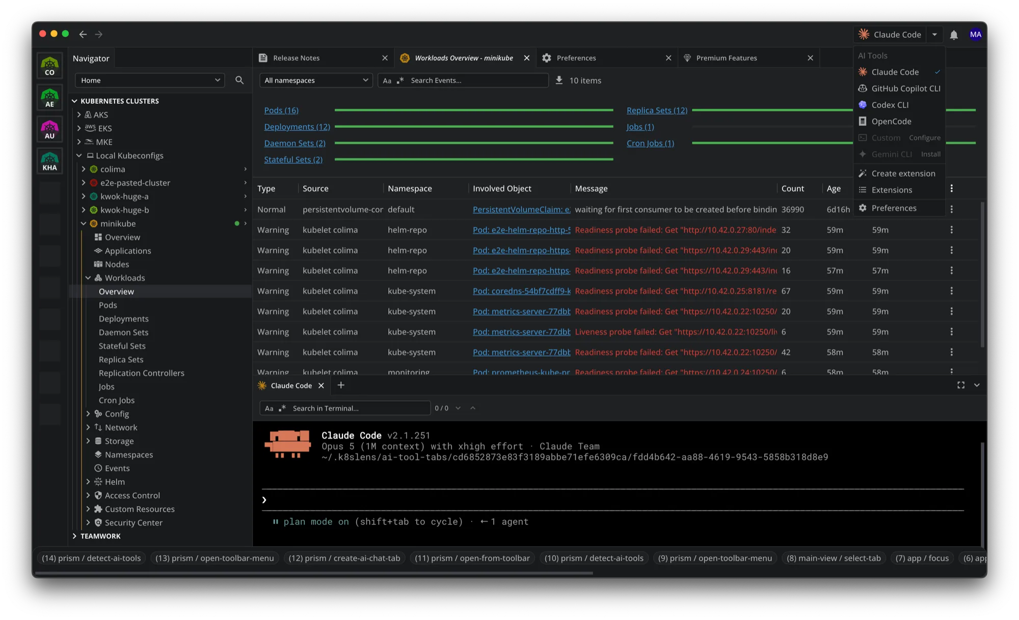 The Ask AI tool button's menu listing Claude Code, GitHub Copilot CLI, Codex CLI, OpenCode, Custom, and Gemini CLI, with a tick on the tool in use