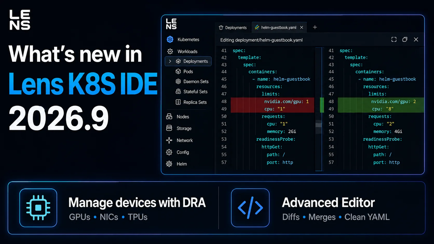 What's new in Lens K8S IDE 2026.9: Device Resources, Advanced Editor, and the Ask AI tool selector