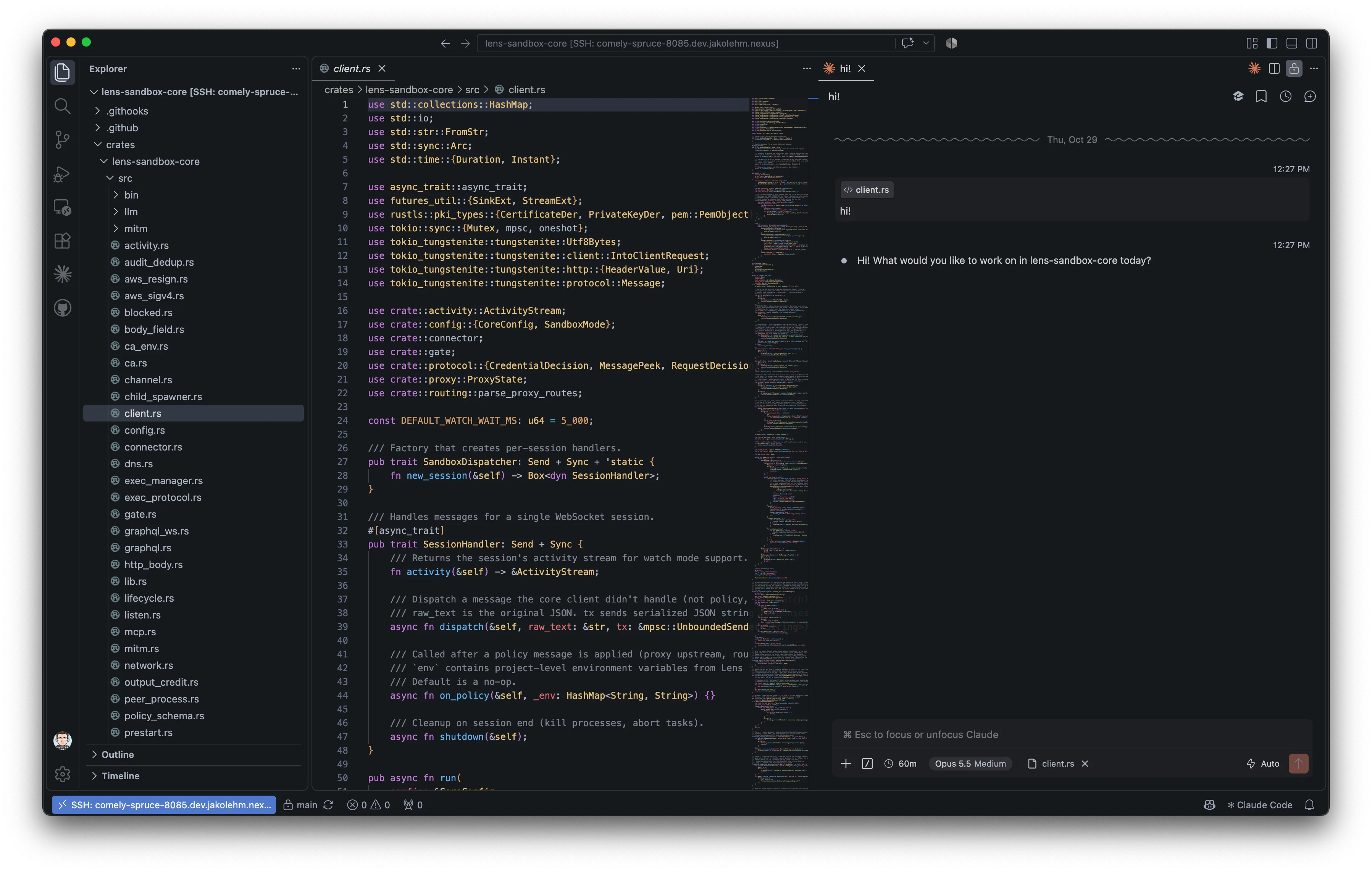 VS Code connected to a Lens Agents sandbox over SSH, with a Rust file open and a Claude Code session in the side panel
