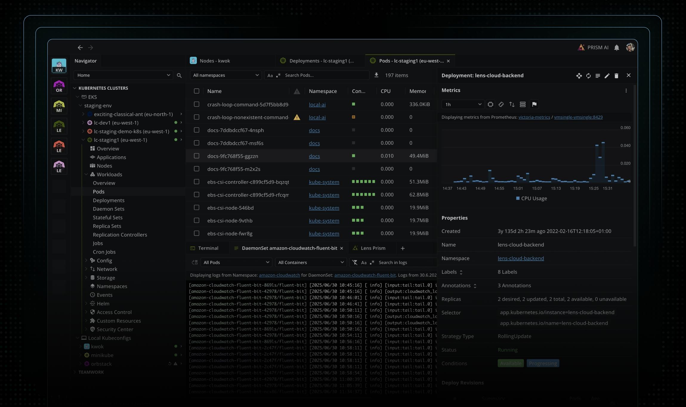 Lens K8S IDE showing cluster resources, logs and metrics