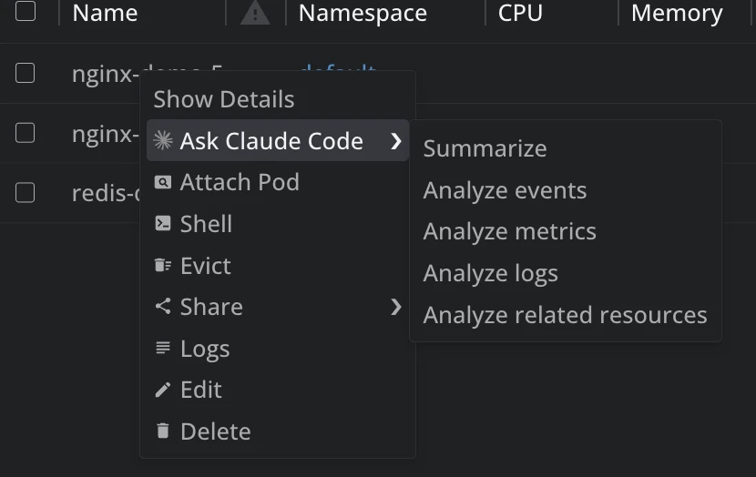 The context menu on a pod row in Lens K8S IDE, with an Ask Claude Code entry open on a submenu of Summarize, Analyze events, Analyze metrics, Analyze logs and Analyze related resources