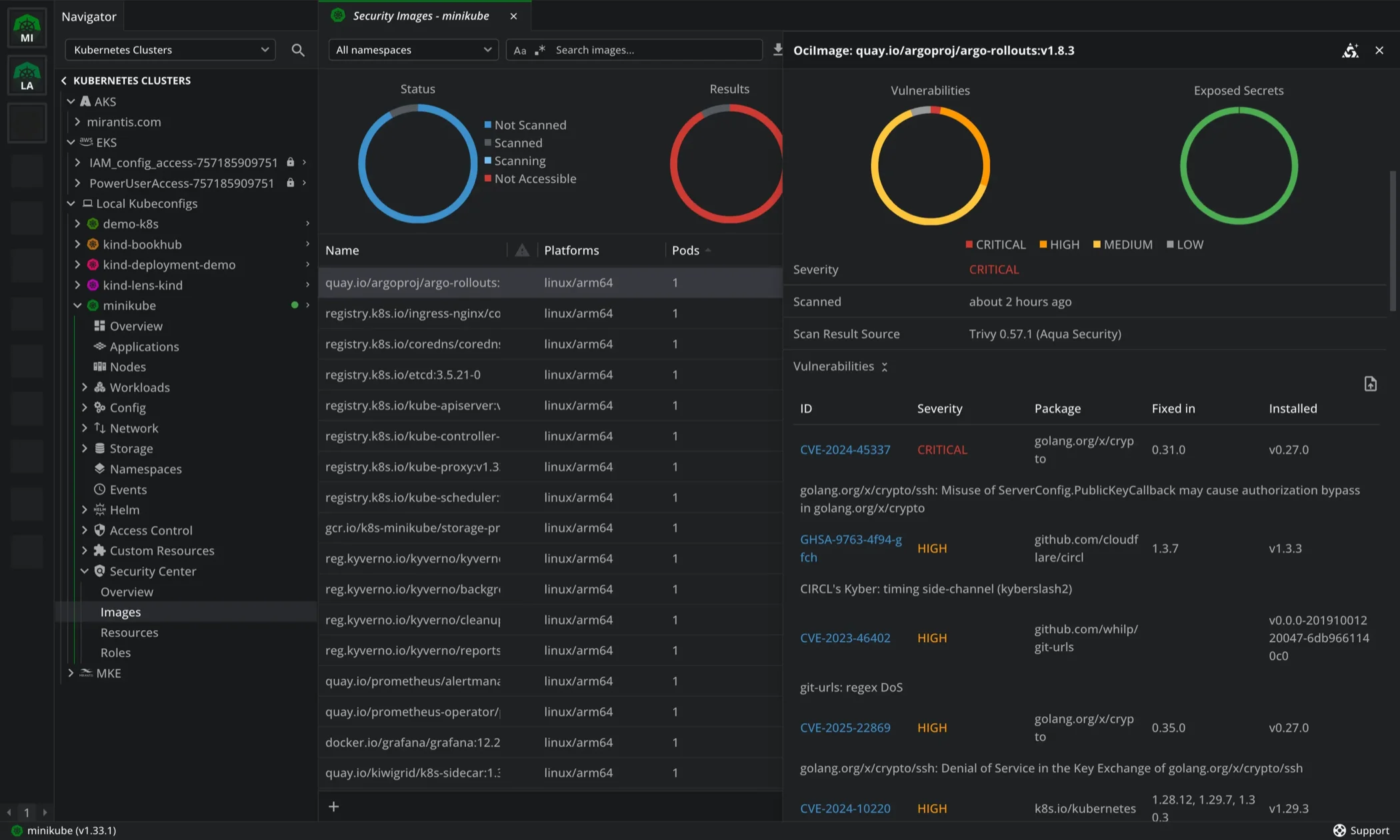Lens Security Center with an image selected: donut charts for vulnerabilities and exposed secrets, the scan result source reported as Trivy, and a table of findings listing CVE IDs with their severity, affected package, installed version and the version that fixes them